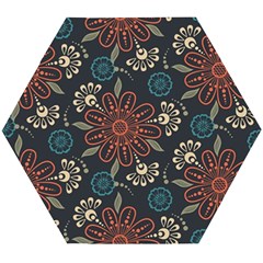 Retro Texture With Orange Flowers Floral Wooden Puzzle Hexagon