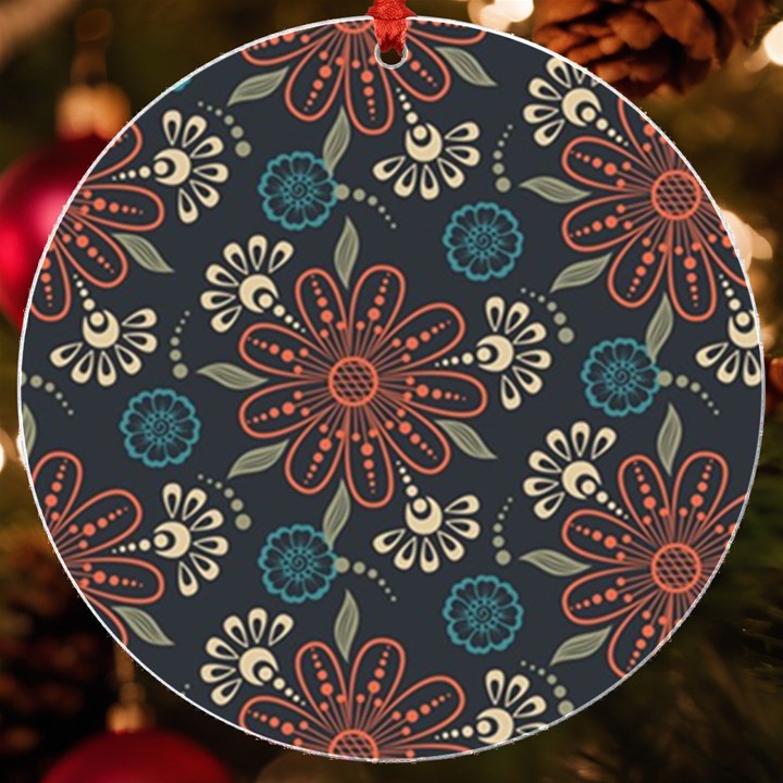 Retro Texture With Orange Flowers Floral UV Print Acrylic Ornament Round