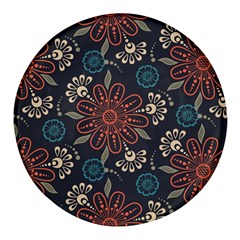 Retro Texture With Orange Flowers Floral Round Glass Fridge Magnet (4 Pack)