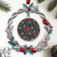 Retro Texture With Orange Flowers Floral Metal X mas Wreath Holly Leaf Ornament