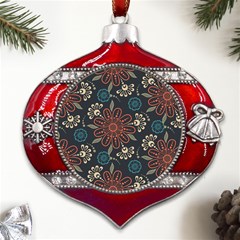 Retro Texture With Orange Flowers Floral Metal Snowflake And Bell Red Ornament