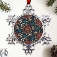 Retro Texture With Orange Flowers Floral Metal Large Snowflake Ornament