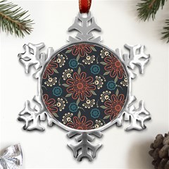 Retro Texture With Orange Flowers Floral Metal Small Snowflake Ornament