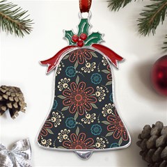 Retro Texture With Orange Flowers Floral Metal Holly Leaf Bell Ornament