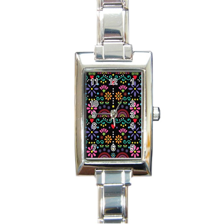 Mexican Folk Art Seamless Pattern Colorful Rectangle Italian Charm Watch