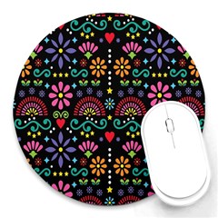 Mexican Folk Art Seamless Pattern Colorful Round Mousepad