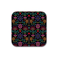 Mexican Folk Art Seamless Pattern Colorful Rubber Square Coaster (4 Pack)