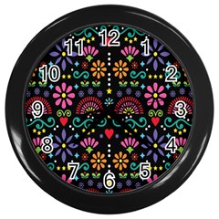 Mexican Folk Art Seamless Pattern Colorful Wall Clock (black)