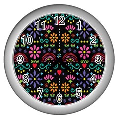 Mexican Folk Art Seamless Pattern Colorful Wall Clock (silver)