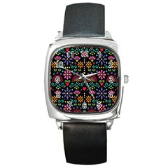 Mexican Folk Art Seamless Pattern Colorful Square Metal Watch