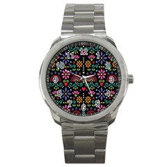 Mexican Folk Art Seamless Pattern Colorful Sport Metal Watch