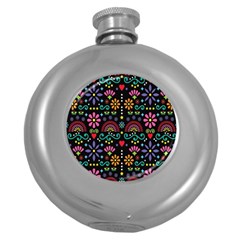 Mexican Folk Art Seamless Pattern Colorful Round Hip Flask (5 Oz)