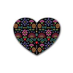 Mexican Folk Art Seamless Pattern Colorful Rubber Heart Coaster (4 Pack) by Paksenen