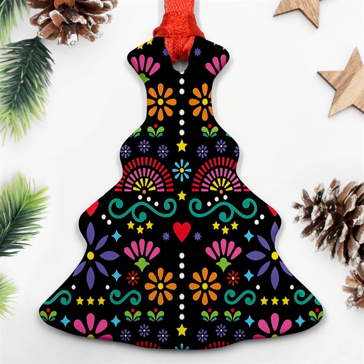 Mexican Folk Art Seamless Pattern Colorful Christmas Tree Ornament (Two Sides)