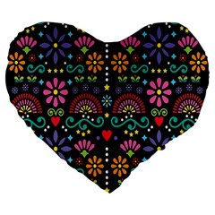 Mexican Folk Art Seamless Pattern Colorful Large 19  Premium Flano Heart Shape Cushions