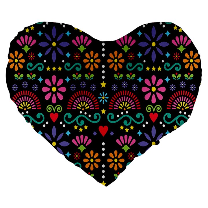 Mexican Folk Art Seamless Pattern Colorful Large 19  Premium Flano Heart Shape Cushions