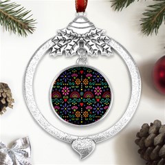 Mexican Folk Art Seamless Pattern Colorful Metal Silver X mas Leaves Round Ornament