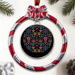 Mexican Folk Art Seamless Pattern Colorful Metal Red Ribbon Round Ornament