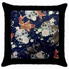 Japanese Wave Koi Illustration Pattern Throw Pillow Case (black)