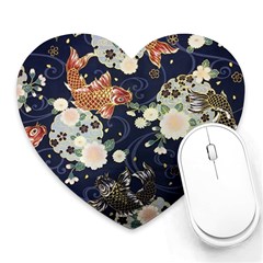 Japanese Wave Koi Illustration Pattern Heart Mousepad