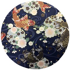 Japanese Wave Koi Illustration Pattern Wooden Puzzle Round