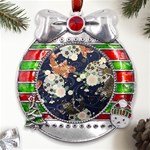 Japanese Wave Koi Illustration Pattern Metal X Mas Ribbon With Red Crystal Round Ornament Front