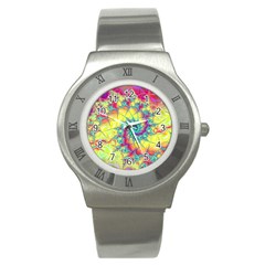 Fractal Spiral Abstract Background Vortex Yellow Stainless Steel Watch