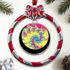 Fractal Spiral Abstract Background Vortex Yellow Metal Red Ribbon Round Ornament