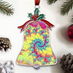 Fractal Spiral Abstract Background Vortex Yellow Metal Holly Leaf Bell Ornament