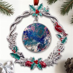 Blue Feathers And Flames Metal X mas Wreath Holly Leaf Ornament by kaleidomarblingart