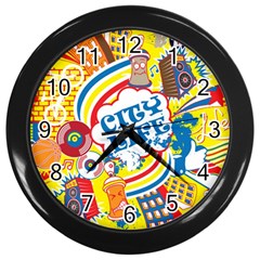 Colorful City Life Horizontal Seamless Pattern Urban City Wall Clock (black)