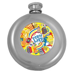 Colorful City Life Horizontal Seamless Pattern Urban City Round Hip Flask (5 Oz)