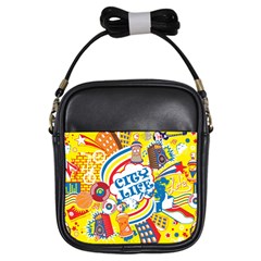 Colorful City Life Horizontal Seamless Pattern Urban City Girls Sling Bag