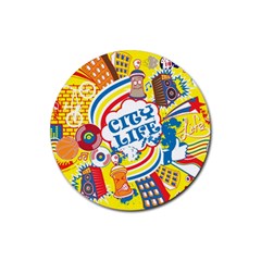 Colorful City Life Horizontal Seamless Pattern Urban City Rubber Coaster (round)