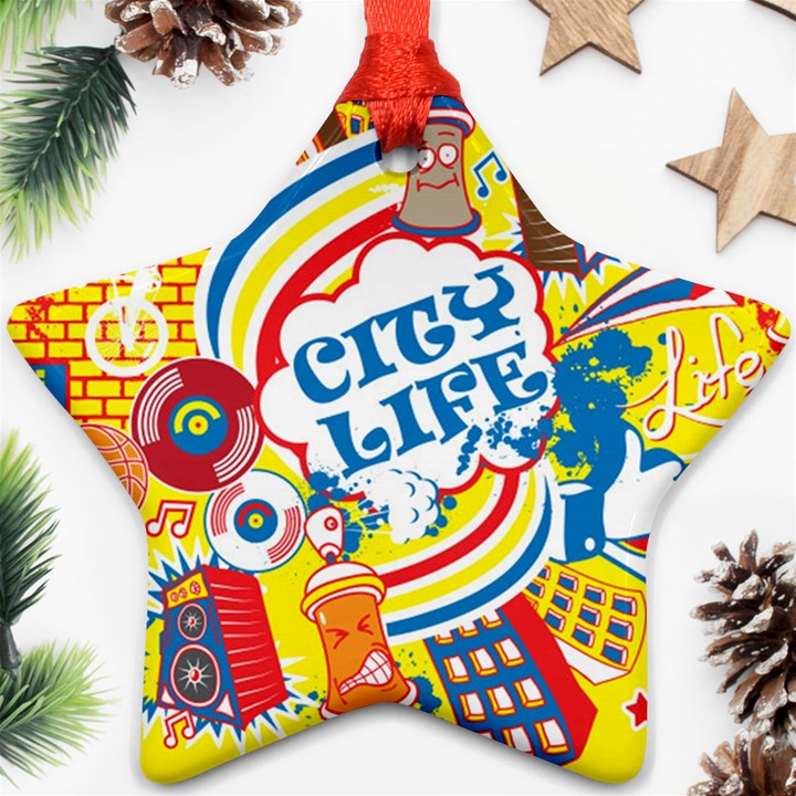 Colorful City Life Horizontal Seamless Pattern Urban City Star Ornament (Two Sides)