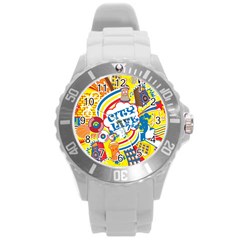 Colorful City Life Horizontal Seamless Pattern Urban City Round Plastic Sport Watch (l) by Bedest