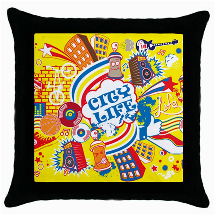 Colorful City Life Horizontal Seamless Pattern Urban City Throw Pillow Case (Black)