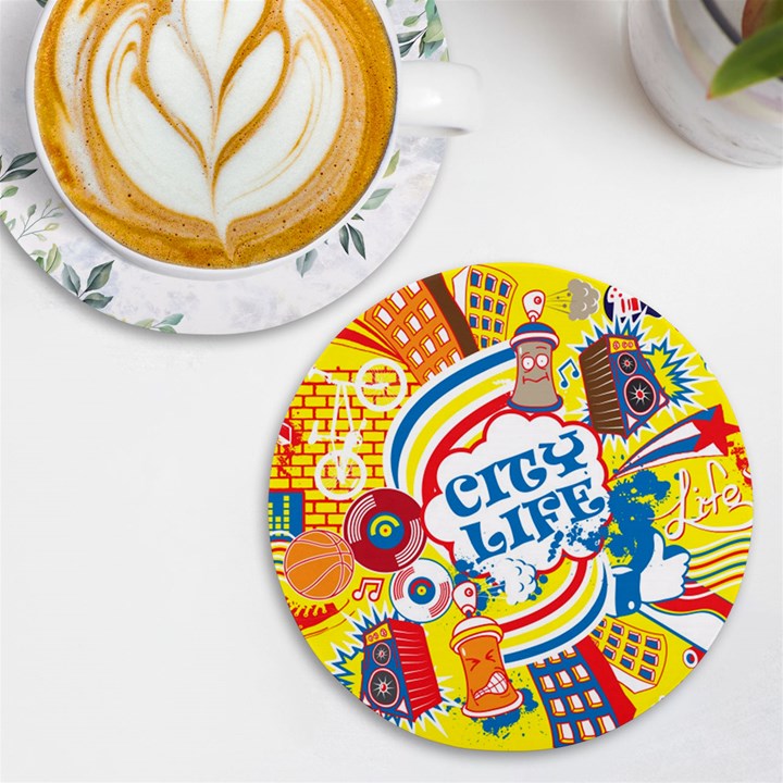 Colorful City Life Horizontal Seamless Pattern Urban City UV Print Round Tile Coaster