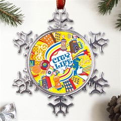 Colorful City Life Horizontal Seamless Pattern Urban City Metal Large Snowflake Ornament by Bedest