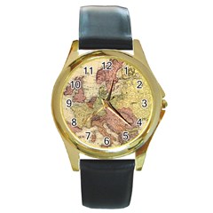 Retro Old Vintage Map Of Europe Round Gold Metal Watch