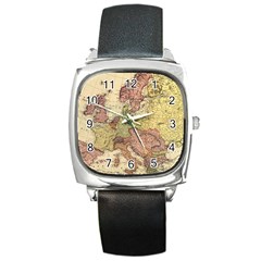 Retro Old Vintage Map Of Europe Square Metal Watch