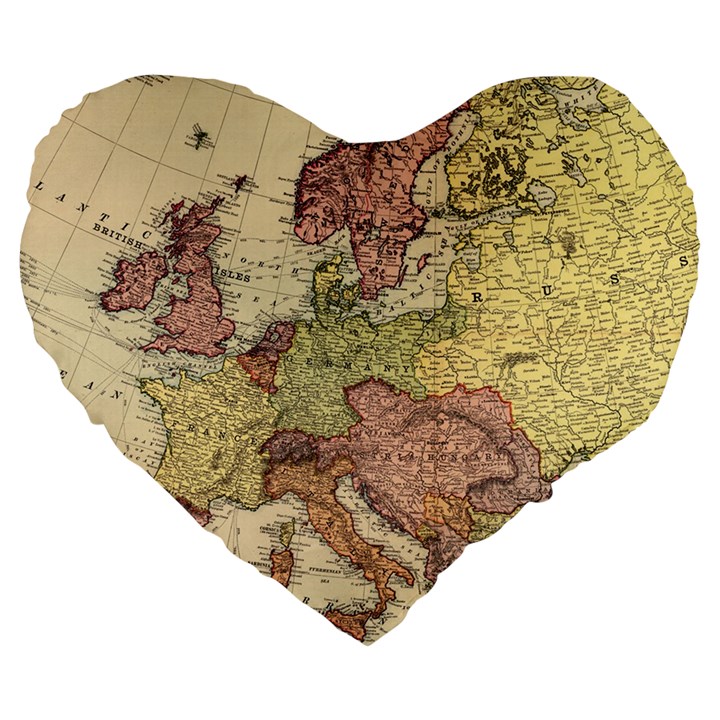 Retro Old Vintage Map Of Europe Large 19  Premium Flano Heart Shape Cushions