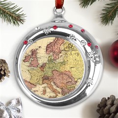 Retro Old Vintage Map Of Europe Metal Snowflake Red Crystal Round Ornament