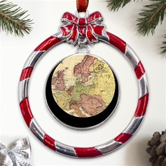 Retro Old Vintage Map Of Europe Metal Red Ribbon Round Ornament