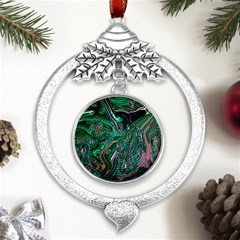 Malachite  Metal Silver X mas Leaves Round Ornament by kaleidomarblingart