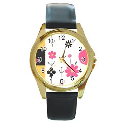  Minimalist Pattern With Simple Lines,flower And Shapes, Creating A Clean And Modern Round Gold Metal Watch