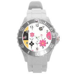  Minimalist Pattern With Simple Lines,flower And Shapes, Creating A Clean And Modern Round Plastic Sport Watch (l)