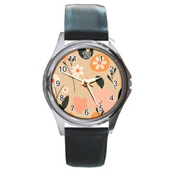 Minimalist Pattern With Simple Lines,flower And Shapes, Creating A Clean And Modern Round Metal Watch