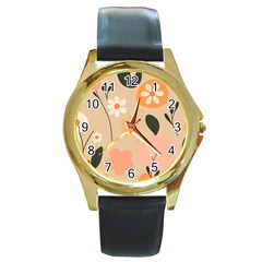 Minimalist Pattern With Simple Lines,flower And Shapes, Creating A Clean And Modern Round Gold Metal Watch