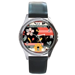  Minimalist Pattern With Simple Lines,flower And Shapes, Creating A Clean And Modern Round Metal Watch